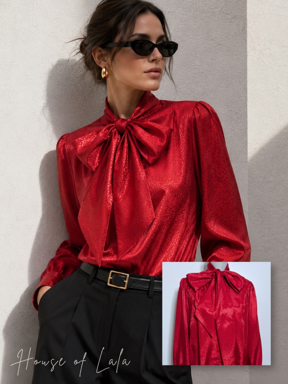 Vintage Red Satin Bow Tie Long-Sleeve Women's Top